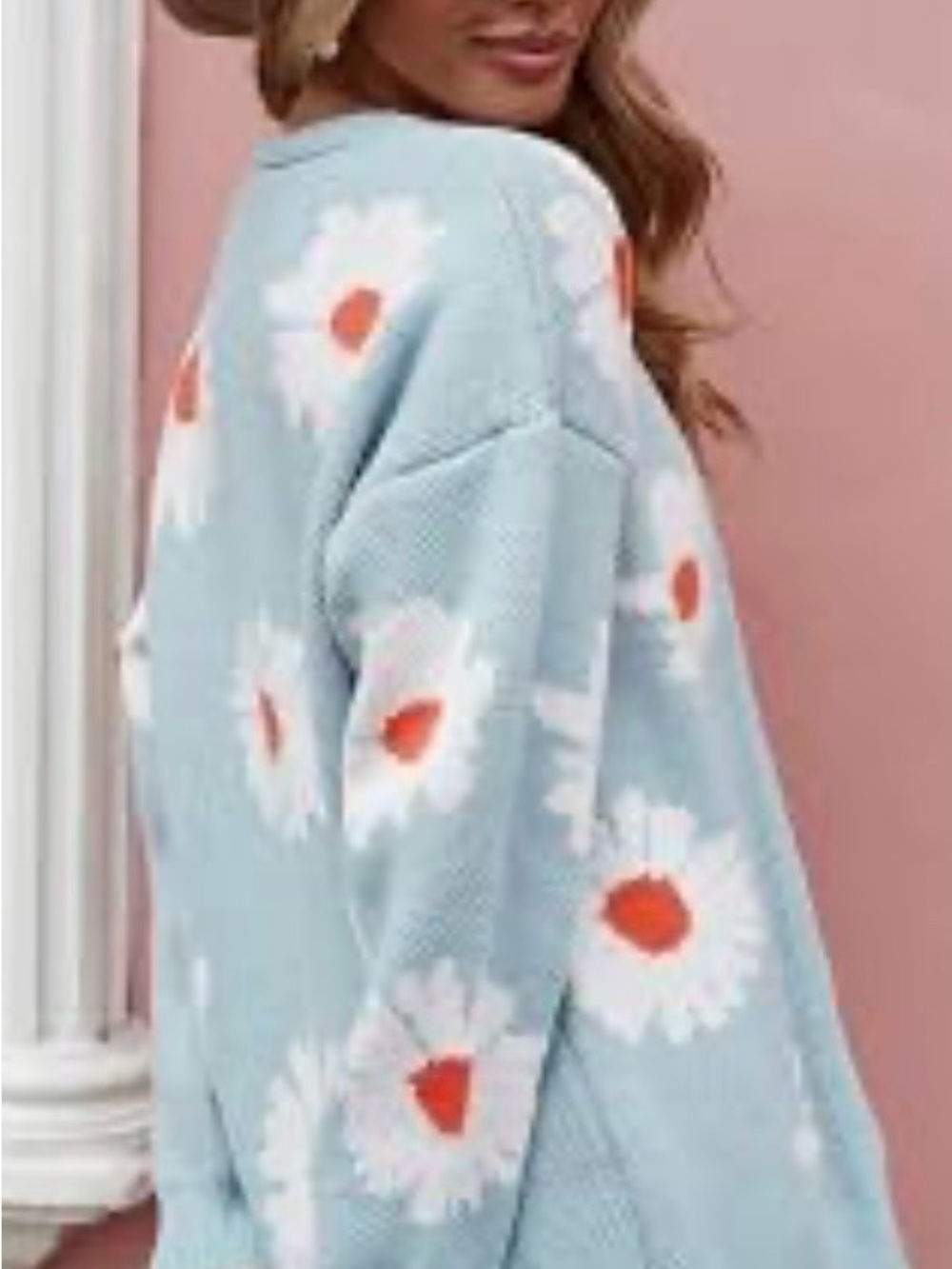 SHEIN Light Blue Daisy Knit Crewneck Sweater